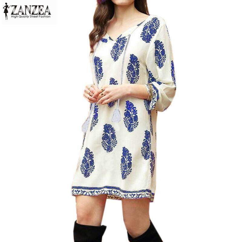 Zanzea মহিলা bohe 3/4 হাতা লুজ ভিনটেজ প্রিন্ট বিচ পার্টি লম্বা শার্ট