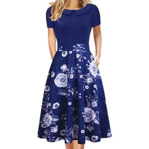 Elegant Vintage Cotton Casual Floral Print Work Party Peter Pan Collar A-Line Dress For Women's