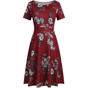 Elegant Vintage Cotton Casual Floral Print Work Party Peter Pan Collar A-Line Dress For Women's